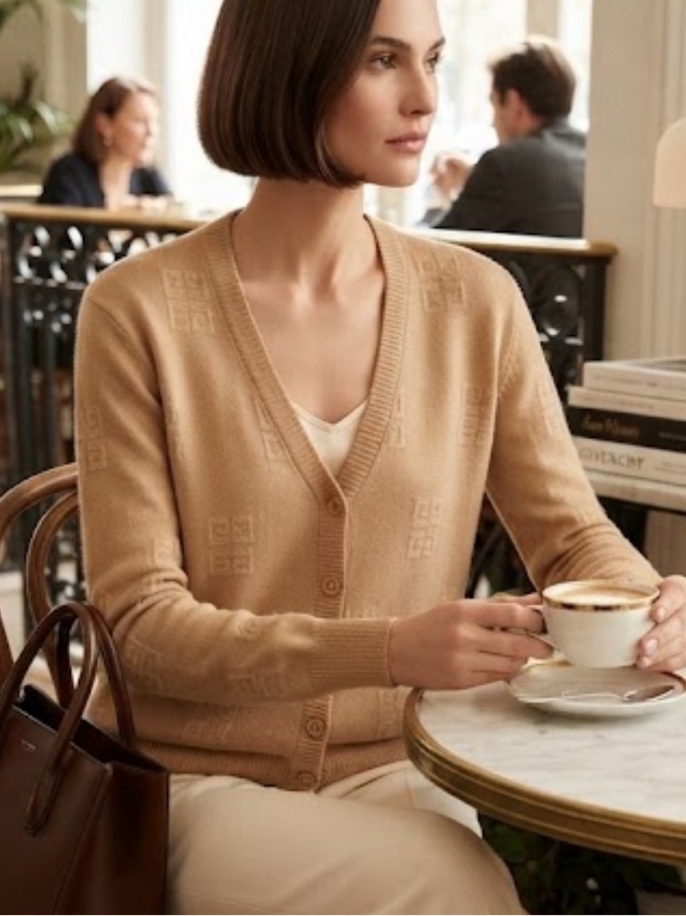 Vintage Givenchy Cashmere Silk Monogram Logo Button Cardigan Sweater Tan